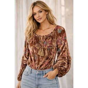 Jena Green by Apricot Lane Velvet Floral Boho Peasant Top Size S Brown Pink